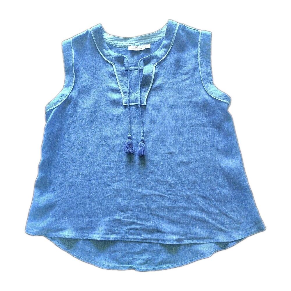 Vineyard Vines Womens Large Blue Linen Tank Top V Neck Sleeveless Whale Beach
